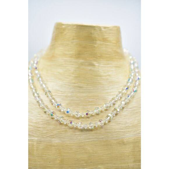 Vintage Aurora Borealis Crystal Double Strand Beaded Collar Necklace Shiny BinA - Picture 8 of 12